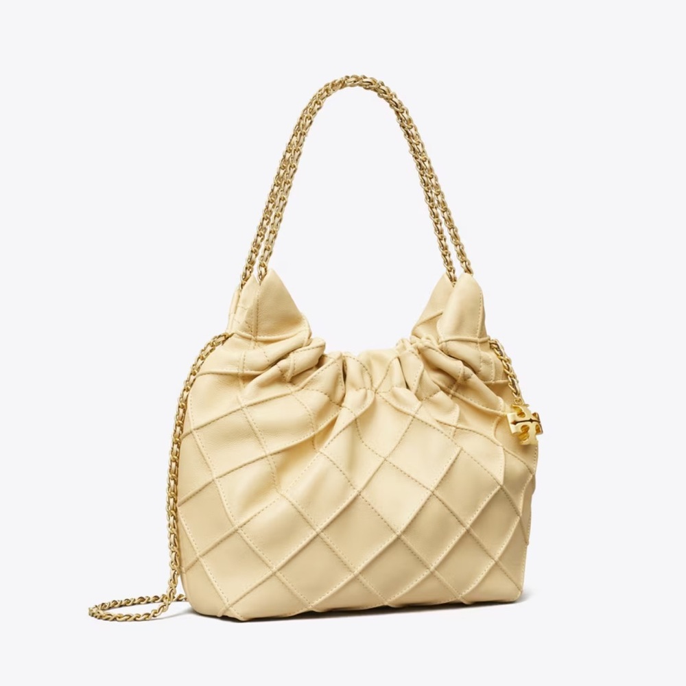 Tory Burch Quilted Drawstring Shoulder Bag in Pale Yellow with Gold Chain